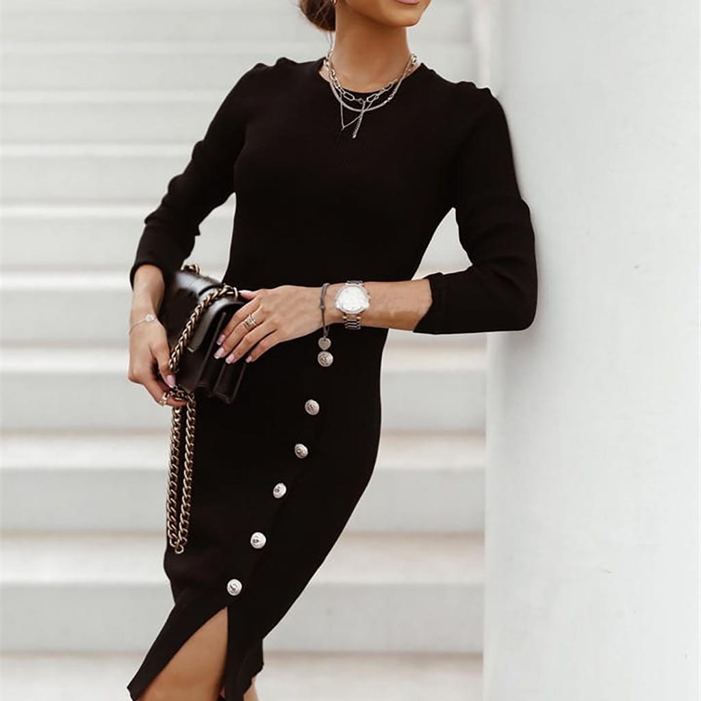 Women Fashion Casual Solid Color Button Decoration Sexy Slim Long Sleeve Knit Split Dress