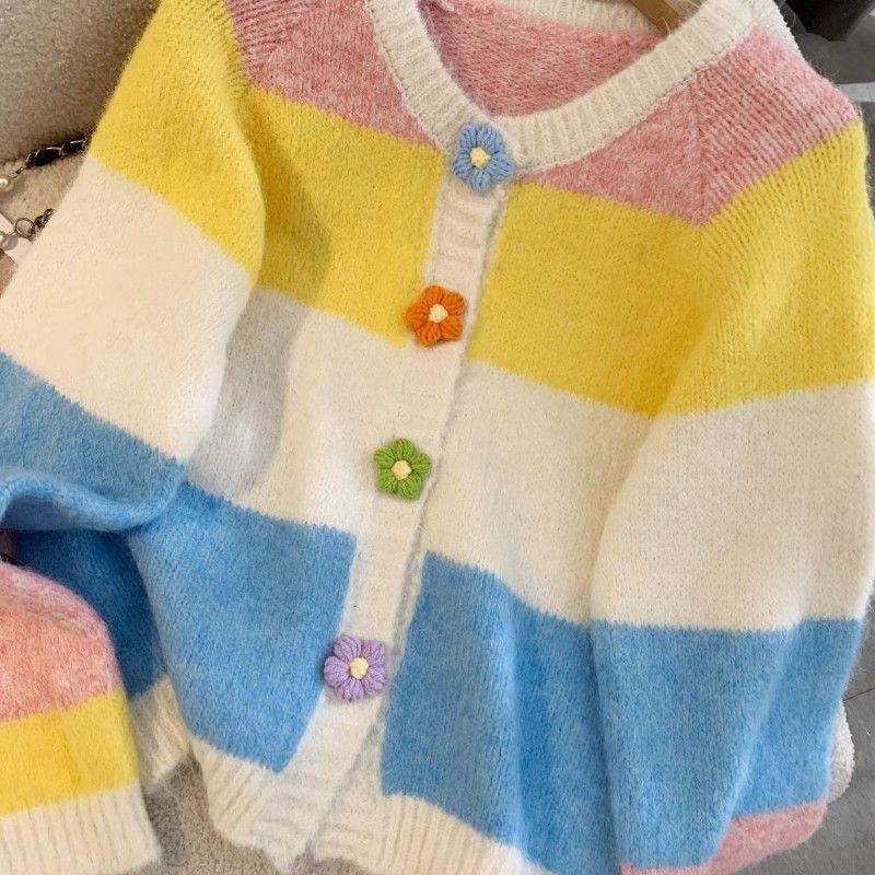 Женский вязаный кардиган с цветочными полосками и пуговицами, свободный женский свитер, осенний однобортный топ с длинными рукавами