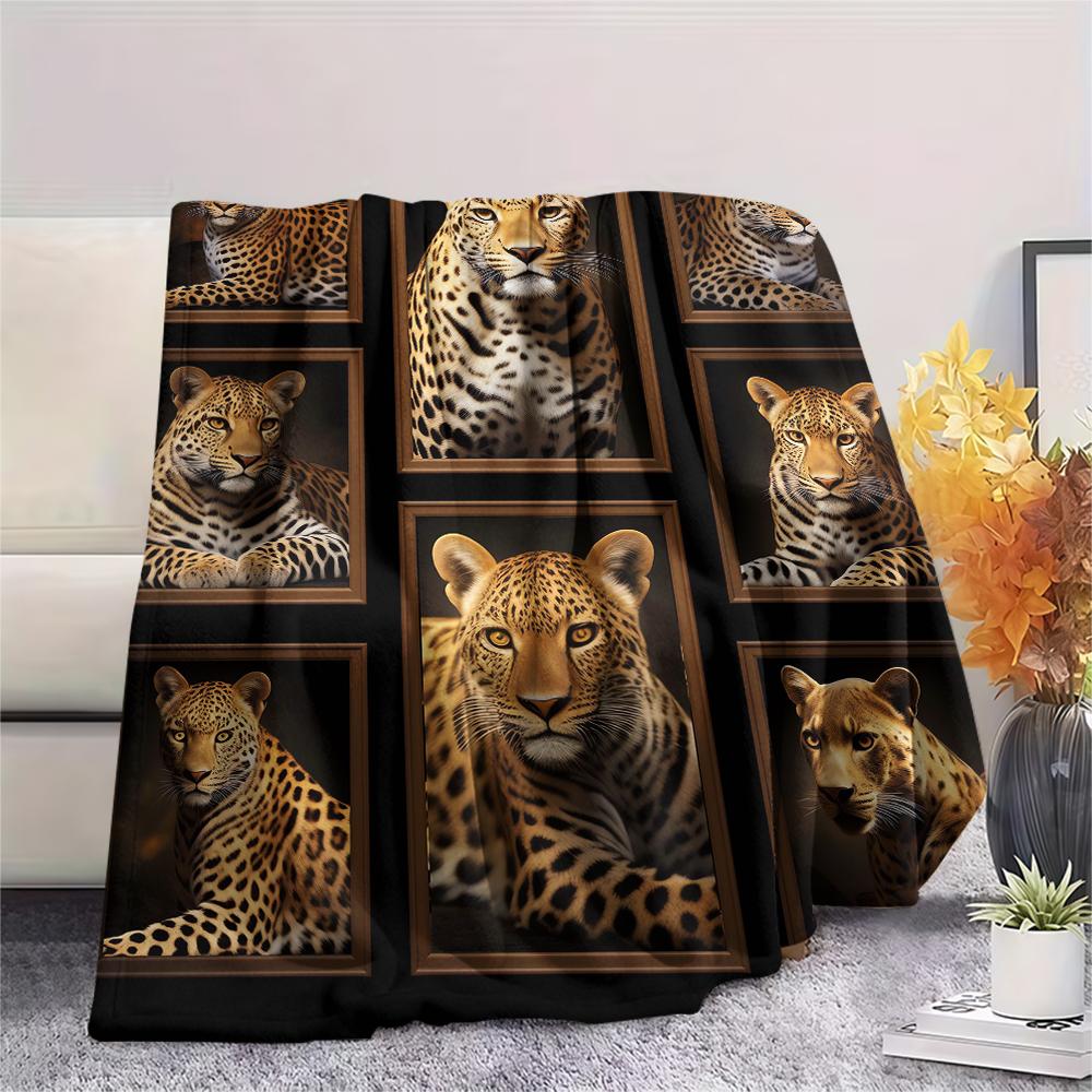 1Pc Lepoard Puzzle Print Flannel Blanket, High quality Comfortable for All Seasons, Home Decor, Warmth and Comfort, Perfect for Christmas Gifts