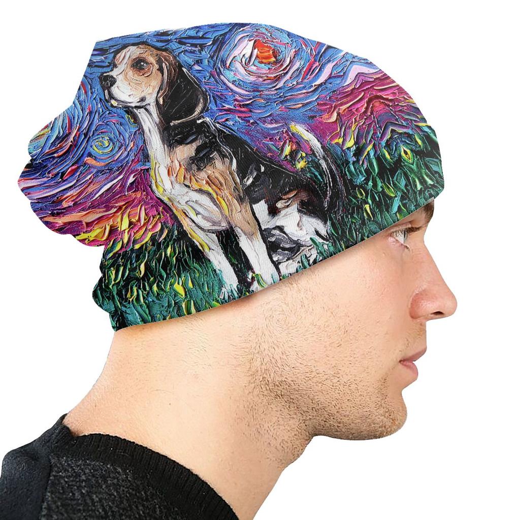 Звездная ночь Beagle Skullies Шапочки Шапки Уличная одежда Зимние теплые женские вязаные шапки унисекс Унисекс для взрослых Домашняя собака Поп-арт Капот Шапки