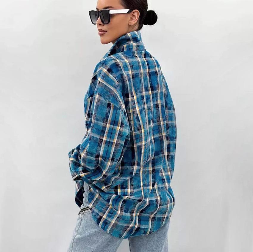 Russian classic cotton plaid loose long-sleeved lapel shirt versatile summer office commuter cardigan shirt women