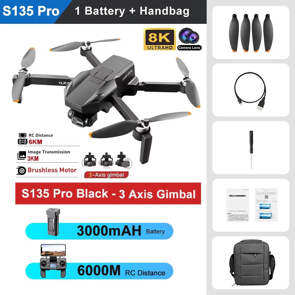 Новый профессиональный дрон S135 8K ESC с двойной камерой, 3-осевым подвесом, 5G WIFI FPV, GPS-позиционированием, бесщеточным лазером, предупреждающим препятствия, RC-квадрокоптером, игрушка в подарок