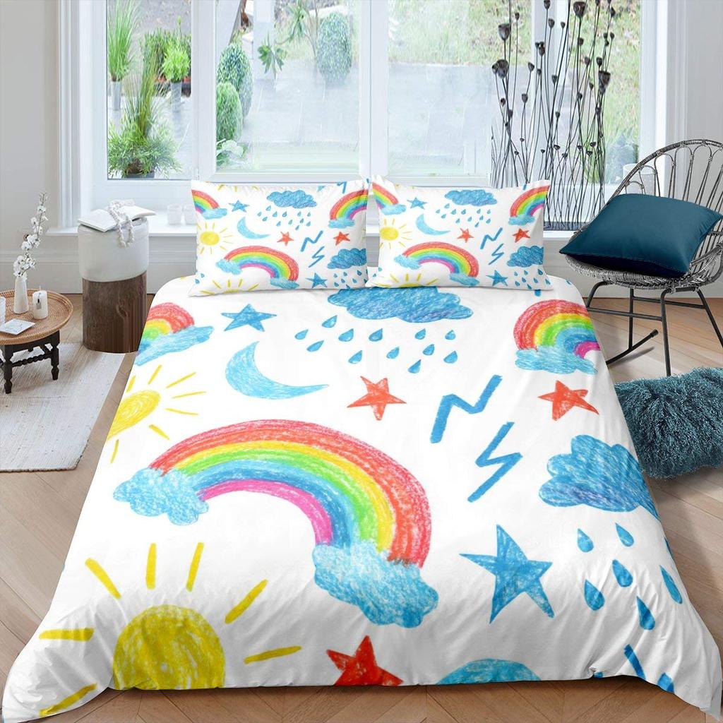 Cartoon Rainbow King Queen Duvet Cover Kids Girls Colorful Clouds Bedding Set Love Heart Comforter Cover Polyester Quilt Cover