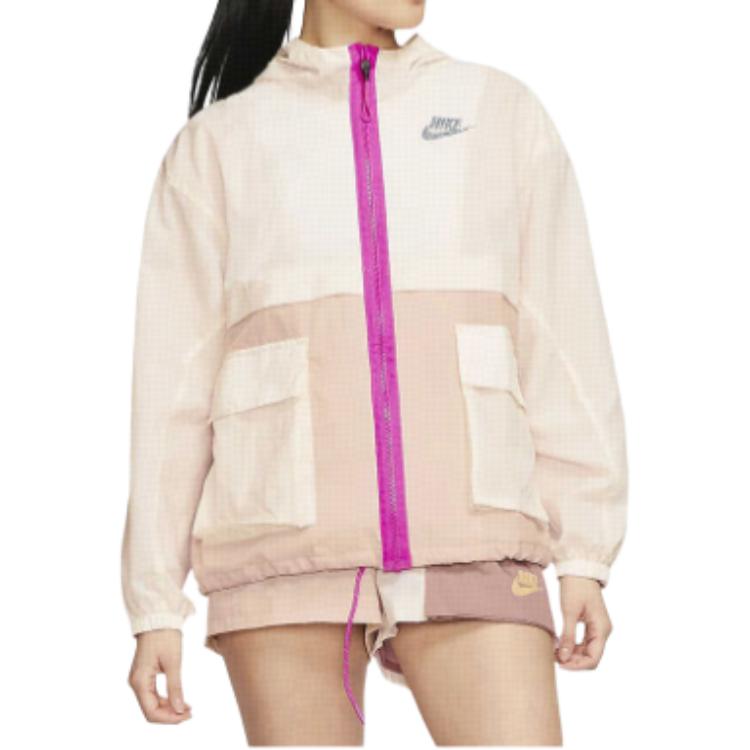 Nike Спортивная куртка свободного кроя с капюшоном в стиле колор-блок, женская куртка светло-слоновой кости, мерцающая, огненно-розовая DD2089-110