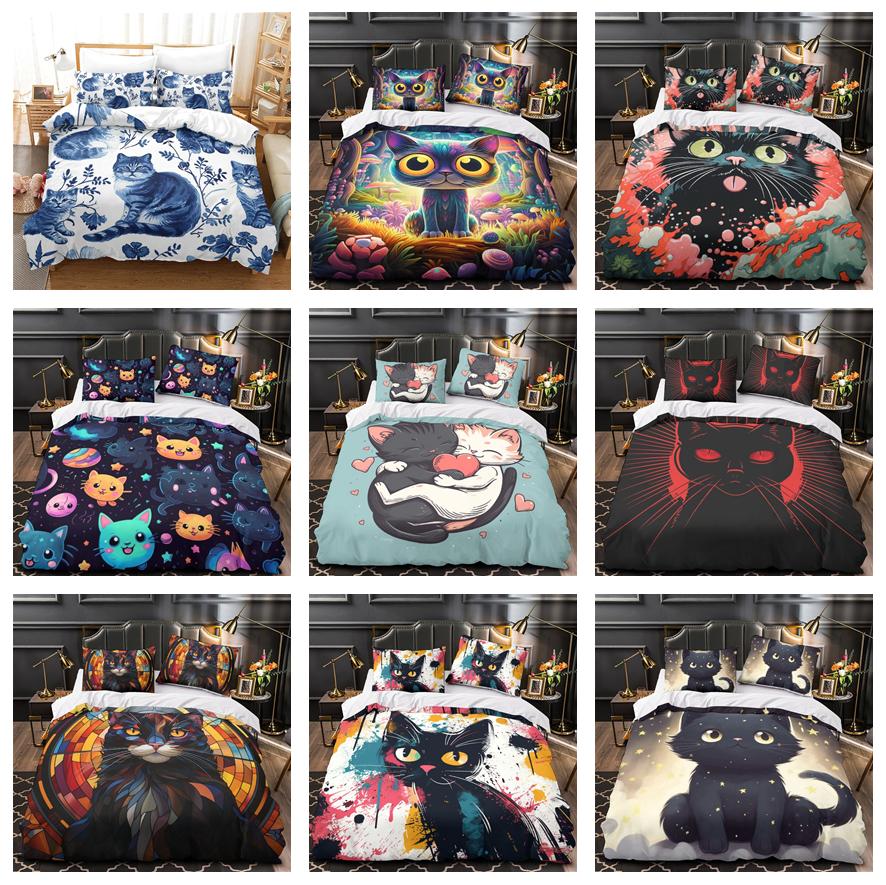 3D Cartoon Animal Bedding Set Cute Cat Down Duvet Cover Pillowcase 2/3pcs Girl Kids Women and Boys Cover