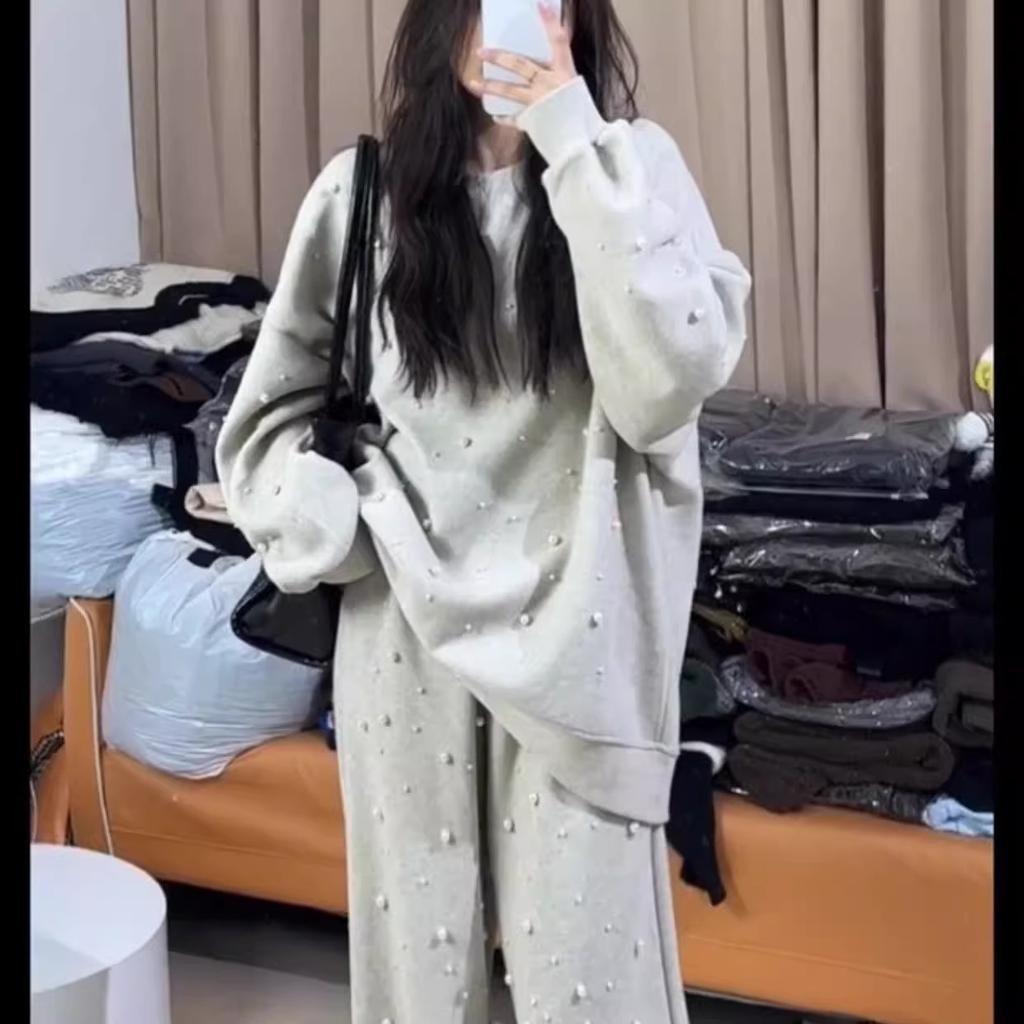 Плюс размер Весна и Осень Бисерный Длинный Рукав Толстовка Эластичный Высокая Талия Прямые Брюки Костюм