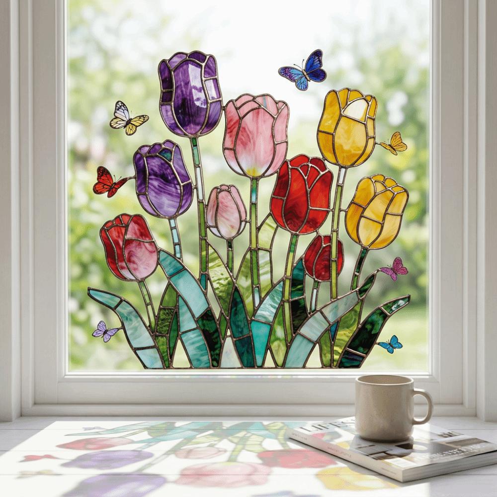 Removable Tulip Window Decals Waterproof Tulip Butterfly Wallpaper Tulip Glass Stickers Doors