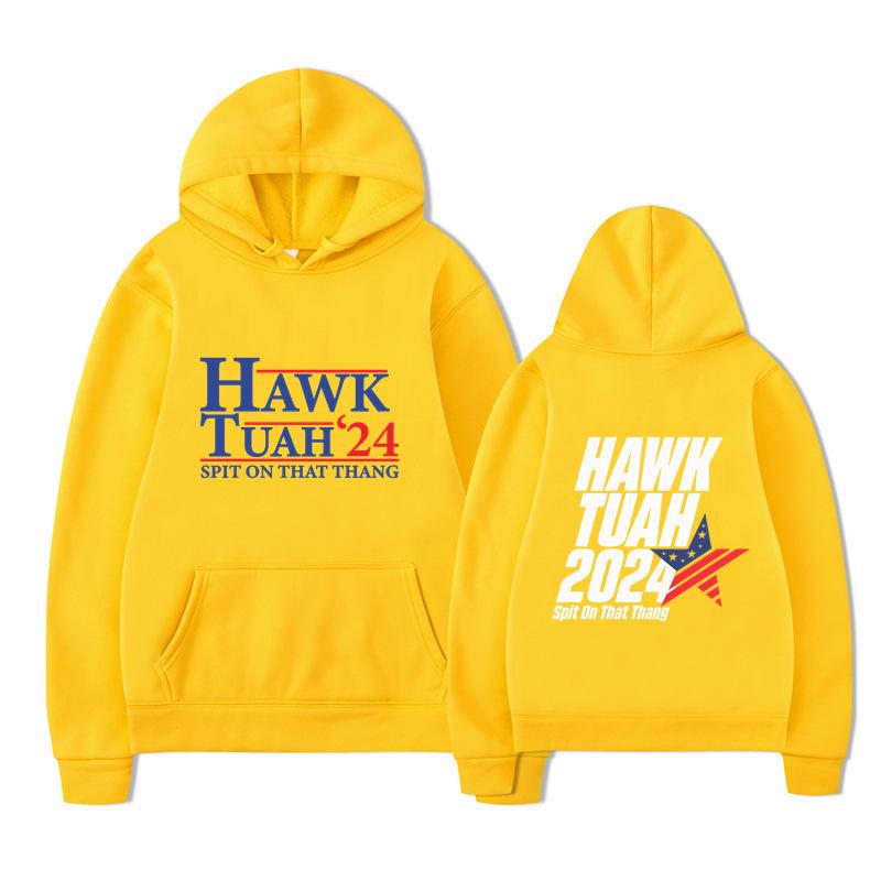 Hawk Tuah 2024 Hoodie – Unisex Black Fleece Lined Sweatshirt, "Spit On That Thang" Election Parody & USA Flag Graphic, Cozy Fall Winter Pullover