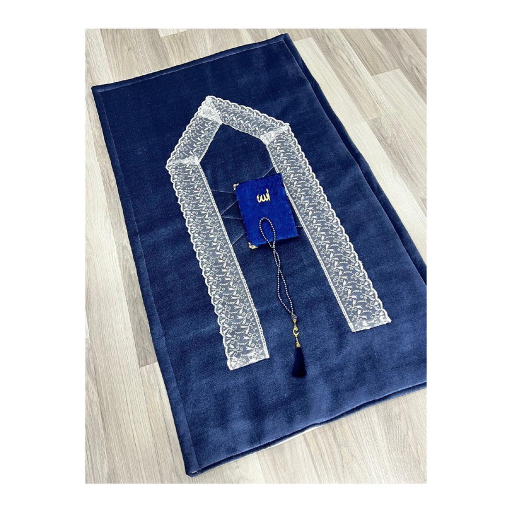 3 Piece French Guipure Embroidered Velvet Dowry Bridal Set Prayer Rug