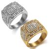 Hip Hop Iced Out Bling Full Micro Pave Rhinestone Hexagonal Rings IP Gold Color Stainless Steel Rings for Men Jewelry