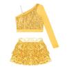 Kids Performance Costume Sequins Adorned One Shoulder Top with Wide Leg Shorts