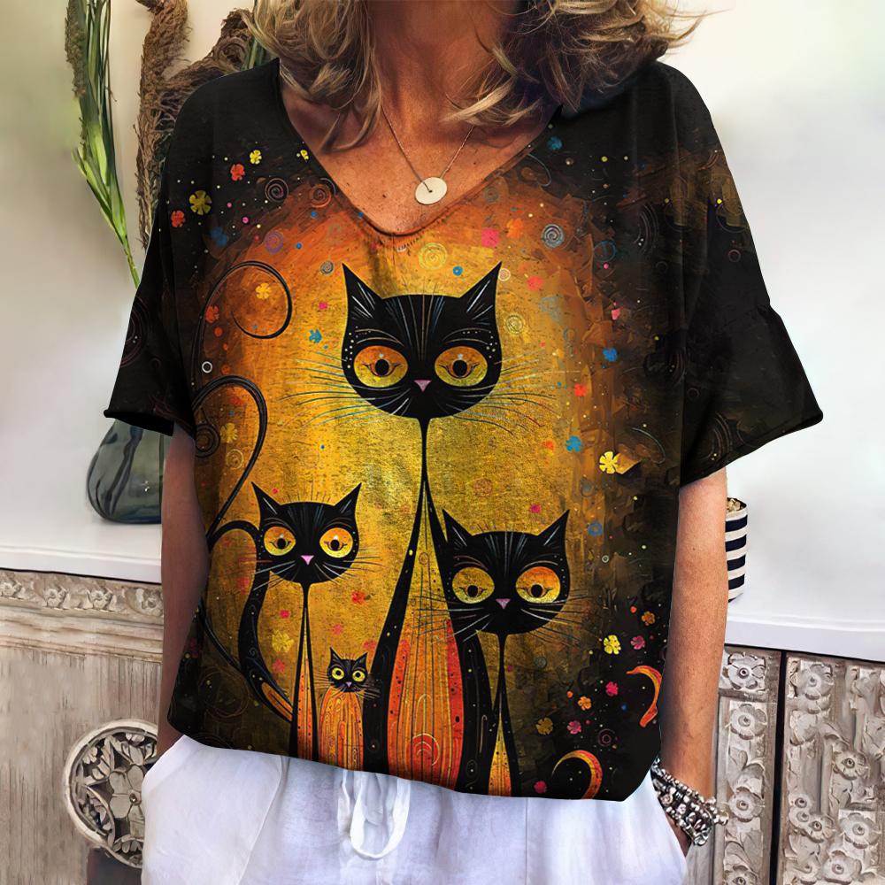 Женская футболка с принтом мультяшного кота, топ больших размеров, летняя женская трендовая одежда, модная рубашка с коротким рукавом и V-образным вырезом, Harajuku