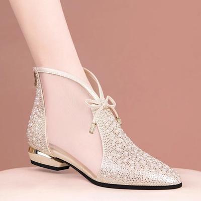 Весенние и летние сетчатые сапоги на низком каблуке с мешковиной, женские туфли с толстым каблуком и ажурной сеткой, модные босоножки со стразами и жемчугом