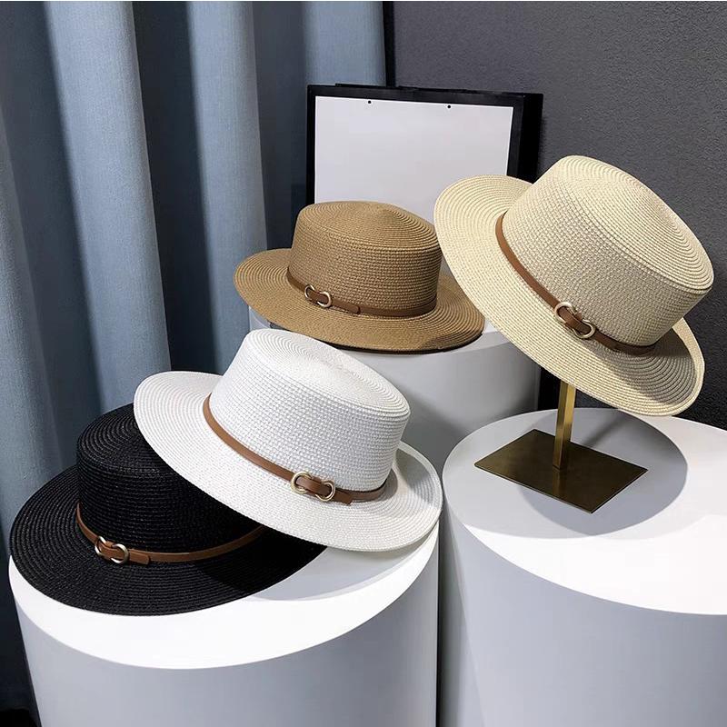Flat Top Straw Hat Belt Accessories Leisure Summer Sunscreen Hat Women's Fashionable Beach Boater Hat Gifts 2023