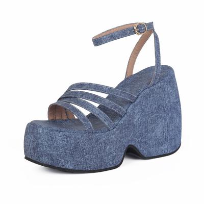 Полиуретановые летние женские босоножки на платформе с очень высоким каблуком 43 размера, женские водонепроницаемые босоножки синего цвета с открытым носком
