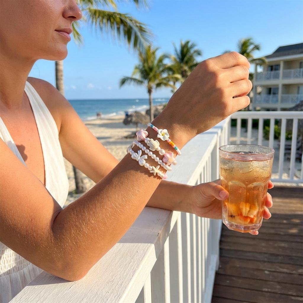 Boho Layered Resin Pearl Bracelet Set for Women Seed Bead Plumeria Flower Bow Starfish Turtle Surfer Girl Summer Jewelry