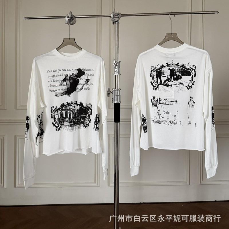 Mens Oversized Abstract Print Long Sleeve Tee Loose Fit Streetwear Casual Cotton Blend Top
