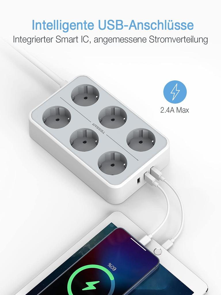 Tessan Удлинитель с несколькими розетками европейского стандарта и USB-портами, удлинительный кабель длиной 2 м, европейская многоконтактная электрическая розетка для дома