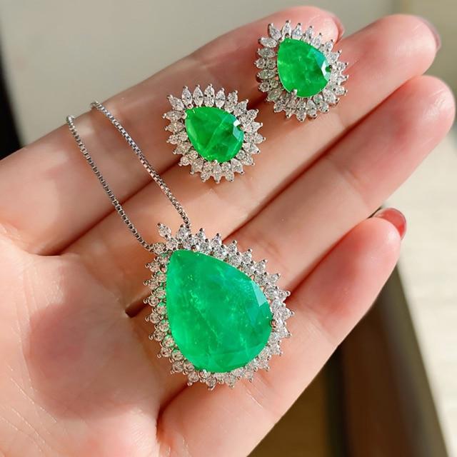 Romantic Sterling Silver 925 Sterling Silver Paraiba Tourmaline Emerald Stone Pendant Necklace Lab Zircon Chain Women's High Jewelry Gift