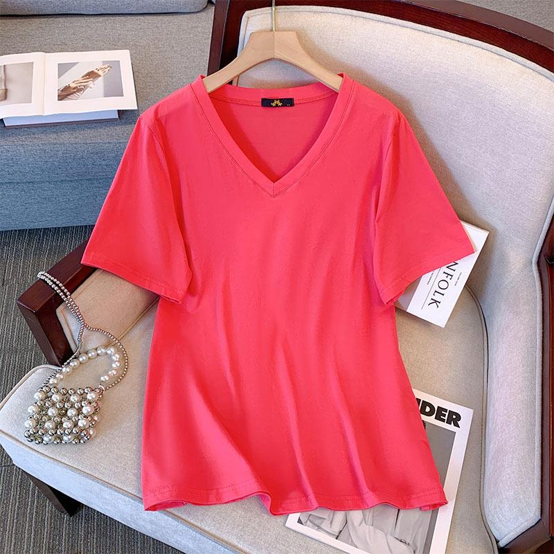 Женская футболка больших размеров летняя хлопковая с коротким рукавом свободная с V-образным вырезом