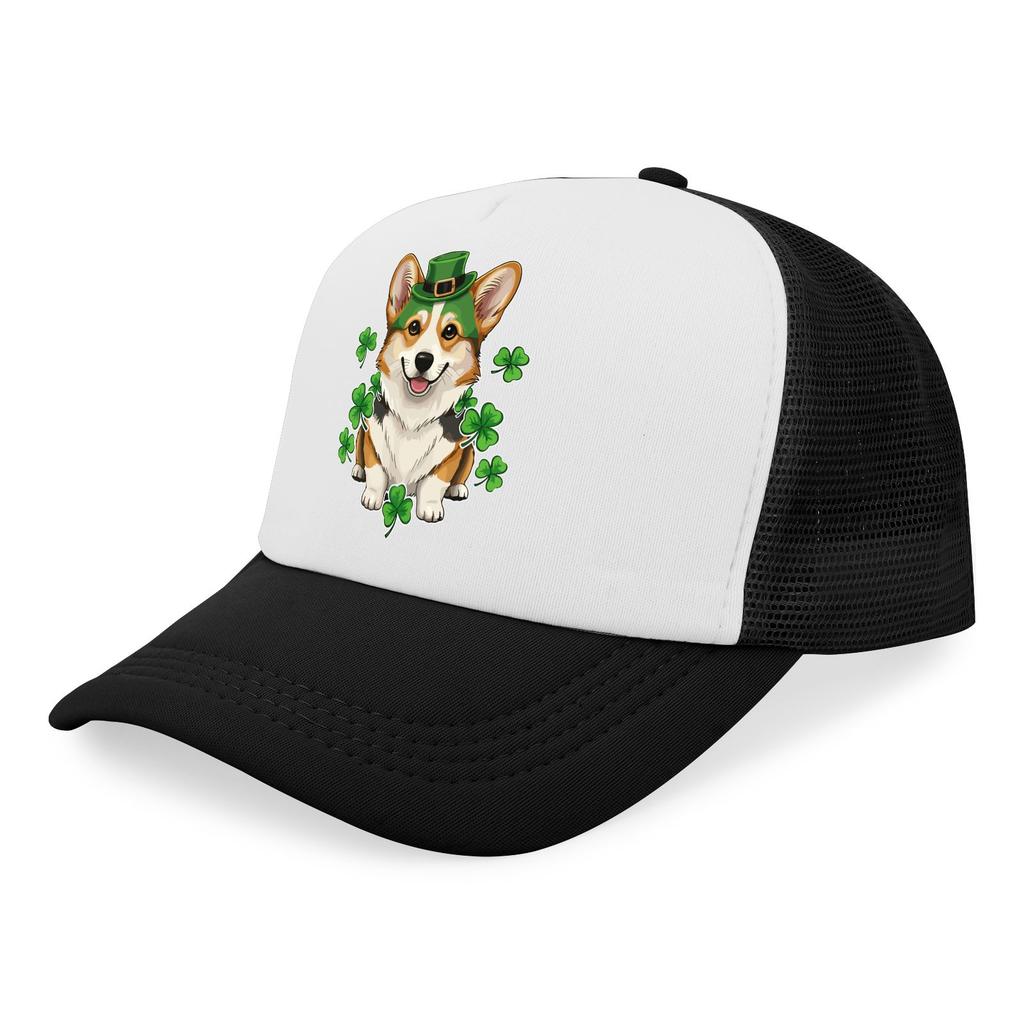 Corgi Dog Shamrock St Patrick Day Trucker Hat Polyester Mesh Adjustable Snapback Cap Casual for Adults