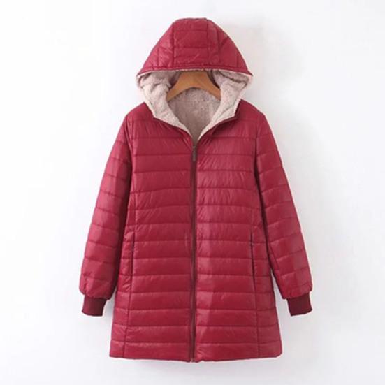 Winter Down Coat Thickened Padded Plush Hood Mid Length Full Zipper Windproof Long Sleeves Pockets Warm Daily Wear Outwear Cotton Jacket