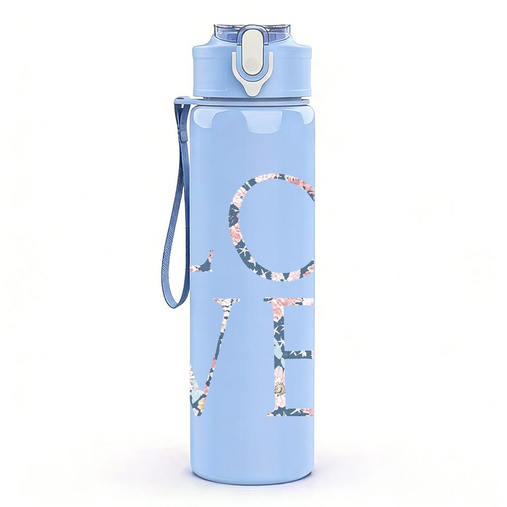 1PC LOVE red cursive text print 750ml colorful plastic sports water bottle leakproof pop up lid with straw for outdoor work home use