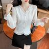 Shirt Women's Long-sleeved Spring Clothes New French Jacquard V-neck Foreign Style Design Sense Chiffon Flared Sleeve Top