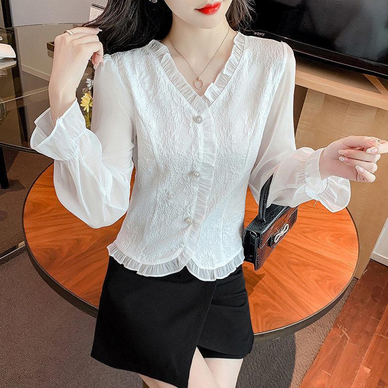 Shirt Women's Long-sleeved Spring Clothes New French Jacquard V-neck Foreign Style Design Sense Chiffon Flared Sleeve Top