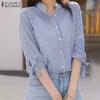 Women Casual Stand Collar Loose 3/4 Sleeve Stripe Blouse