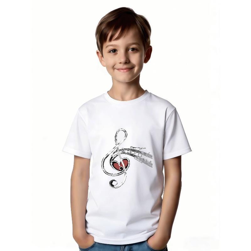 European sizes Kids' Music Love Heart Style T-Shirt - Unique Black Base with White Musical Notes and Abstract Treble Clef Design
