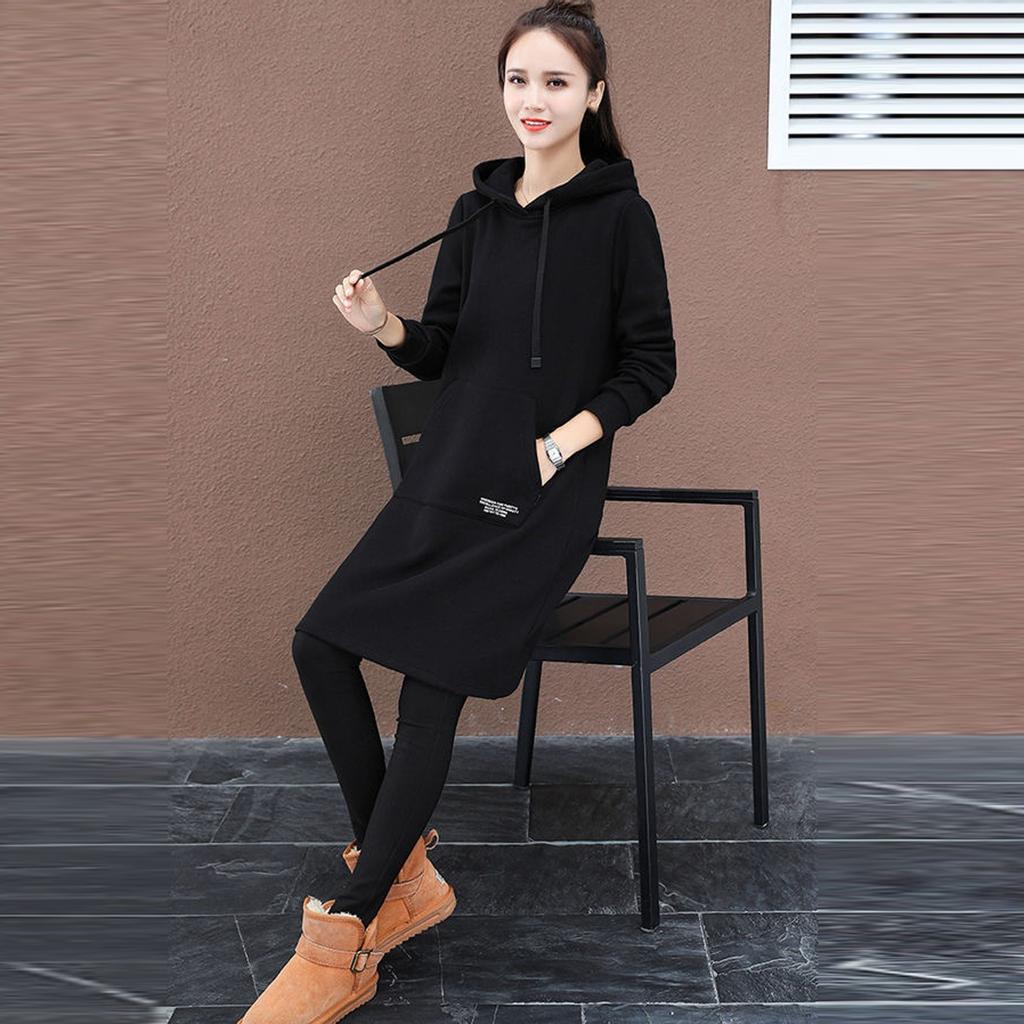 Зимнее женское повседневное модное платье с капюшоном длиной до колена с надписью Lady Sleeve