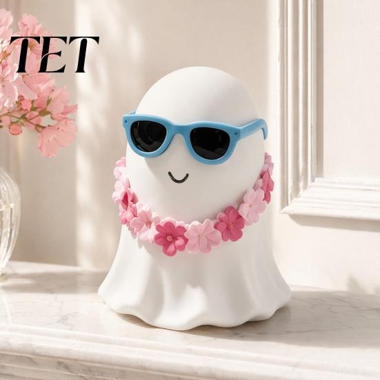 Indoor Halloween Decor Summer Ghost Figurine, Small Resin Cute Tropical Beach Statue with Windowsill Ornament Float Garland Sunglasses for Tiered Tray