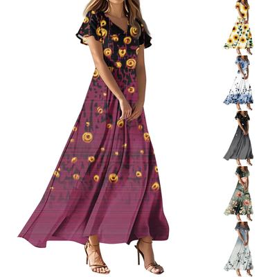 Женские повседневные модные длинные платья с принтом, платья с V-образным вырезом и коротким рукавом
