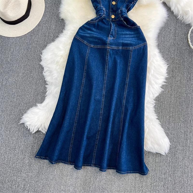 Французское длинное платье с летящими рукавами и круглым вырезом, тонкое джинсовое платье трапециевидной формы, женское винтажное однобортное джинсовое платье Z1780