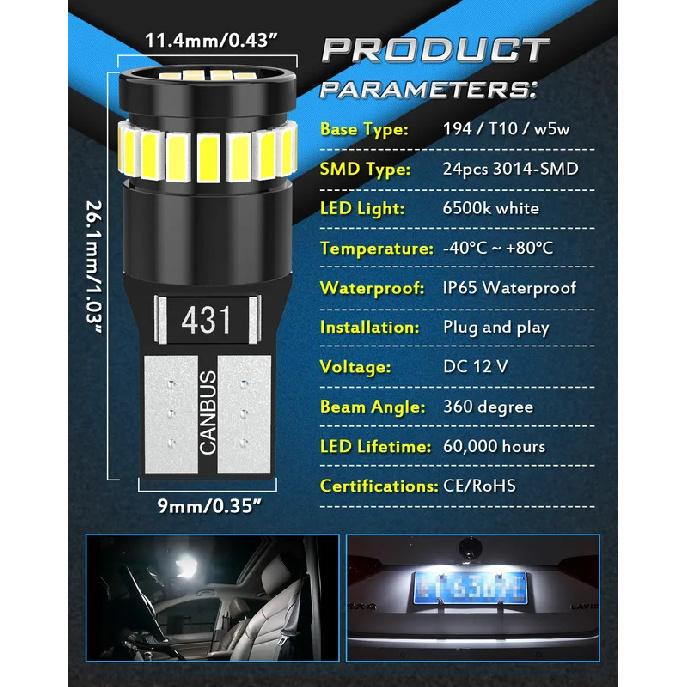 4pcs T10 W5W Car Led Lights Super Bright 6000K White With Decoder For Side Marker Parking Lights For Dodge Charger Challenger