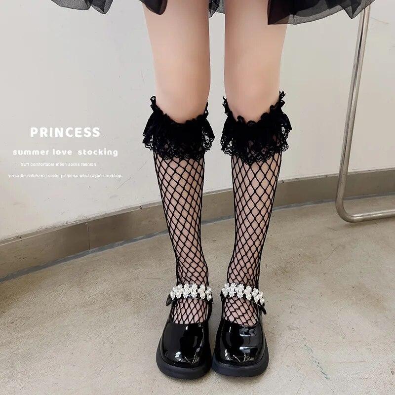 Children Girl Calf Sock Lace Lolita White Black Color Knee High Sock for Kids Girl Summer Fishnet Mesh Sock Clothes Accessories