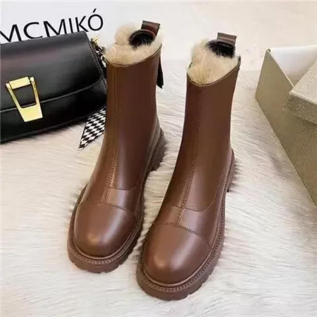 Fashion Leather Snow Boots for Women  New Waterproof Warm Plush Woman Shoes Punk Style Elegant Comfortable Cotton Booties