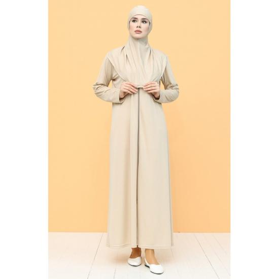 Hijab Seasonal Full Length Flared Sleeve Mink Color Zipper Prayer Dress