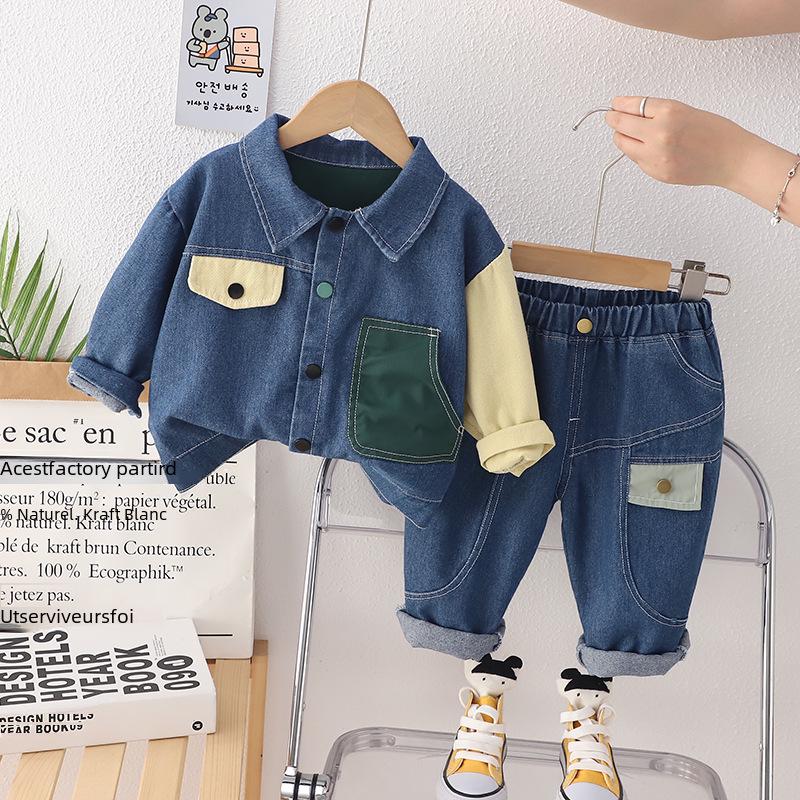 Autumn Boys' Trendy Korean Long Sleeve Denim Two-Piece Suit for Kids