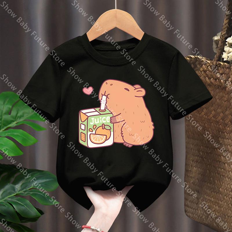 Capybara T shirt for Boys Girls Tee Round Neck Top Black White Clothes Cartoon Short Sleeve Summer Clothing Gift Soft Breathable
