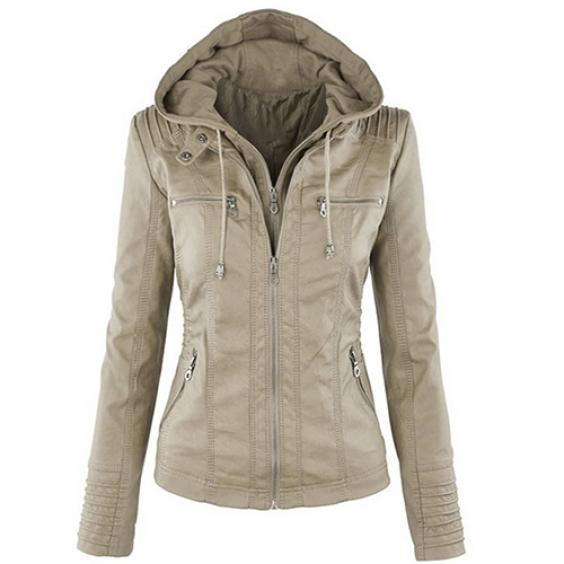 Леди из искусственной кожи с длинным рукавом, однотонная куртка на молнии, съемная куртка с капюшоном, верхняя одежда