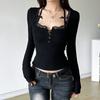 Women's Spice Girl Tight Slim Solid Colour Lace Lace Splicing Square Neck Long Sleeve Top Buckle Hanging Neck Camisole T-Shirt