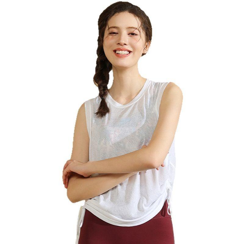 Летняя дышащая блузка для йоги из пряжи слаб, женская свободная спортивная блузка без рукавов с круглым вырезом, блузка для йоги со шнурком по низу