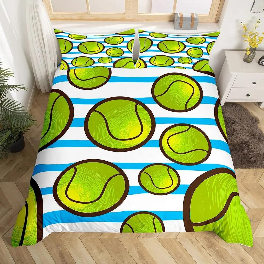 Tennis Bedding Set Full Size Sports Theme Comforter Cover Tennis Lover Duvet Cover Ball Games Yellow Black White Quilt Cover
