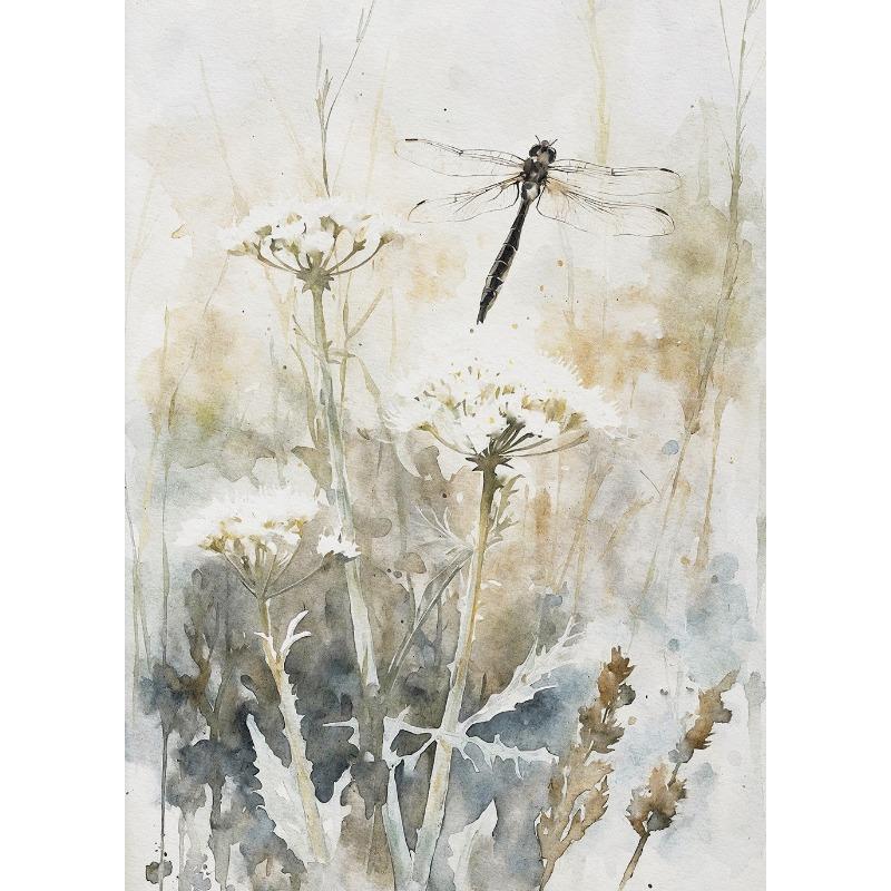 Постер Акварель Стрекоза Цветы Лаванды Зеленый Ботанический Фиолетовый Цветочный Насекомое Холст Живопись Настенное Искусство для Комнаты Домашний Декор