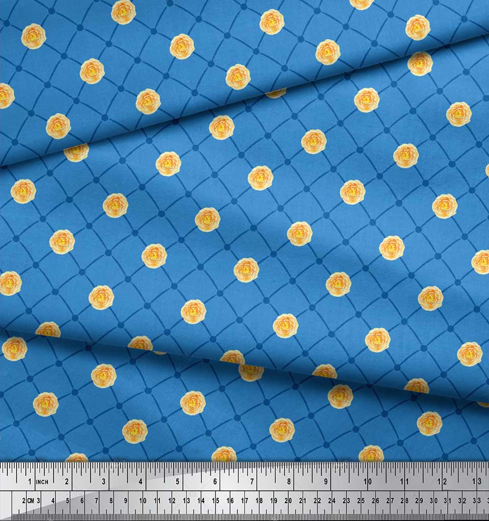Soimoi Blue Japan Crepe Satin Fabric Marigold Geometric Print Fabric by metre 42 Inch