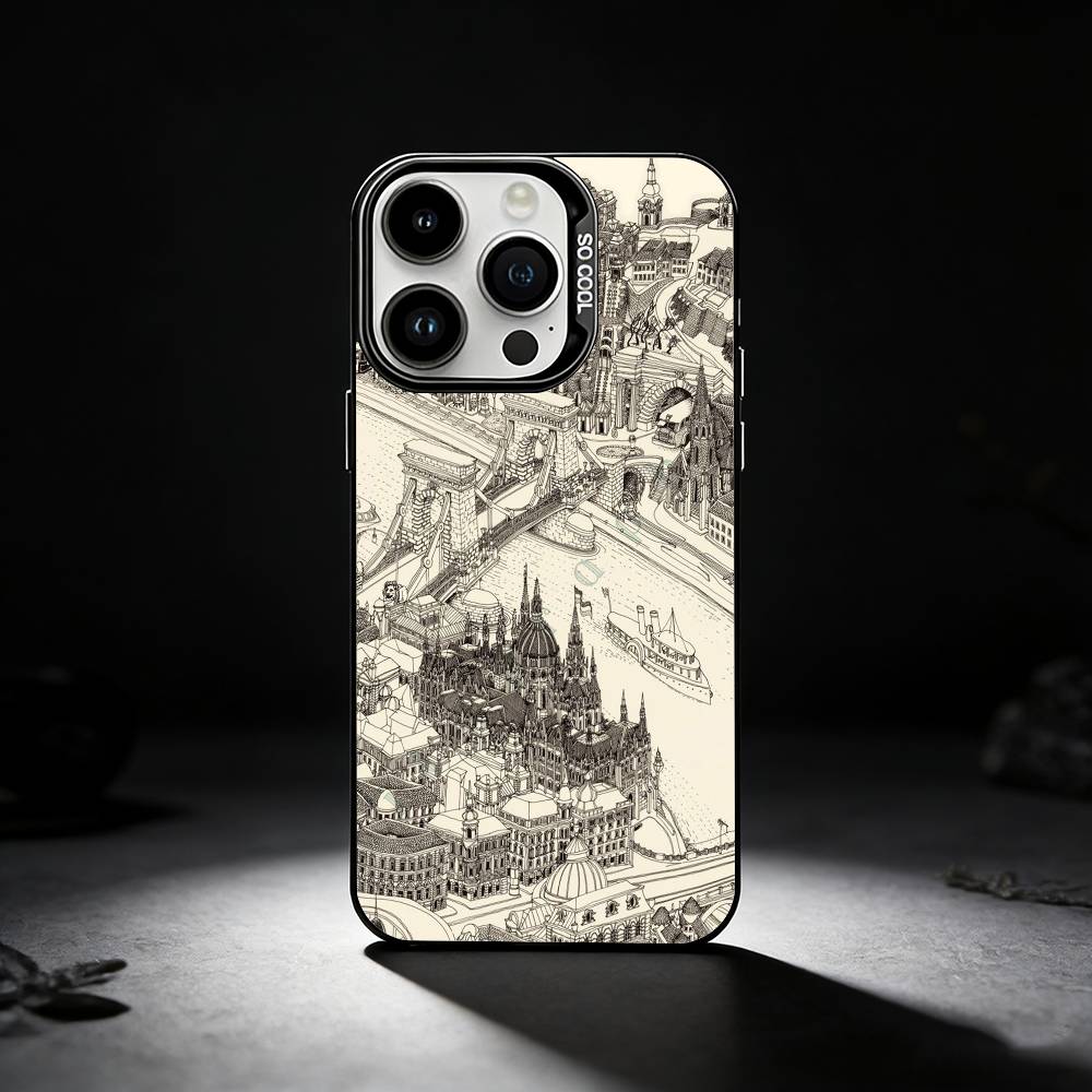 Famous City Sketch City Map Phone Case For iPhone 17,16,15,14,13,12,11 Plus,Pro Max,XS,Colored silver phone case