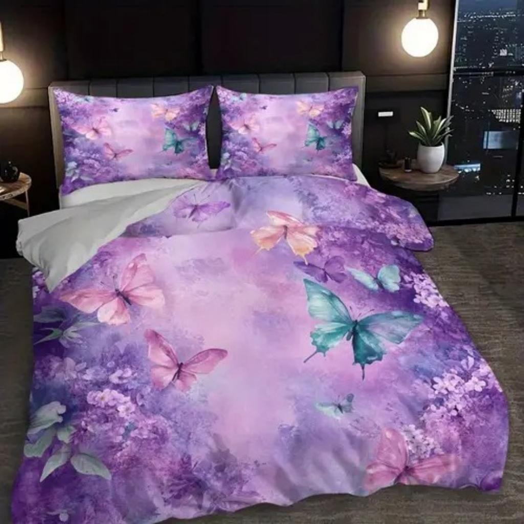Пододеяльник с узором из фиолетовых цветов в стиле легкой роскоши, размер Queen King, 3D-печать, мягкое и удобное постельное белье, комплект из 3 предметов