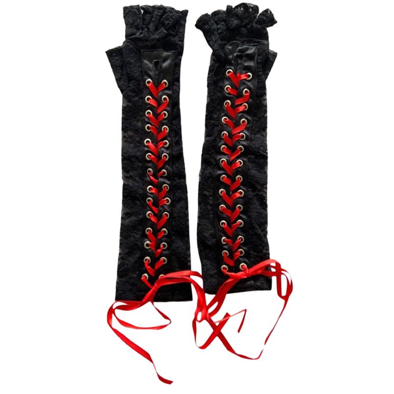 Перчатки для косплея, 1 пара, женские длинные перчатки в стиле ретро на Хэллоуин, готические кружевные перчатки без пальцев